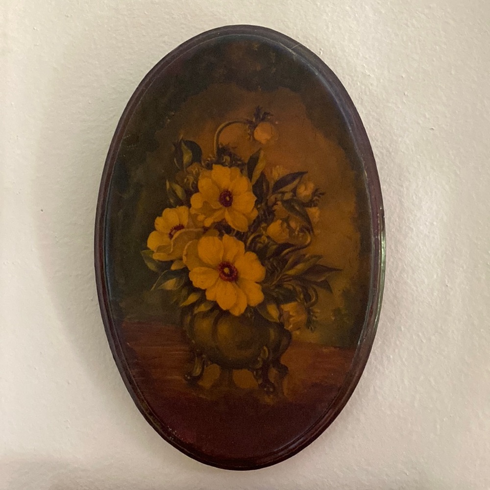 Ready to hang, undated wood plaque artwork. Floral still life, possibly antique